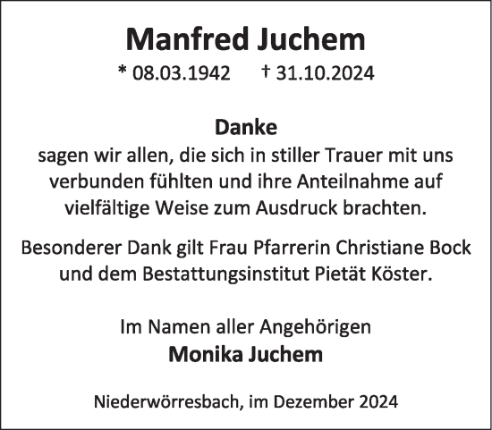 Traueranzeige von Manfred Juchem von WochenSpiegel