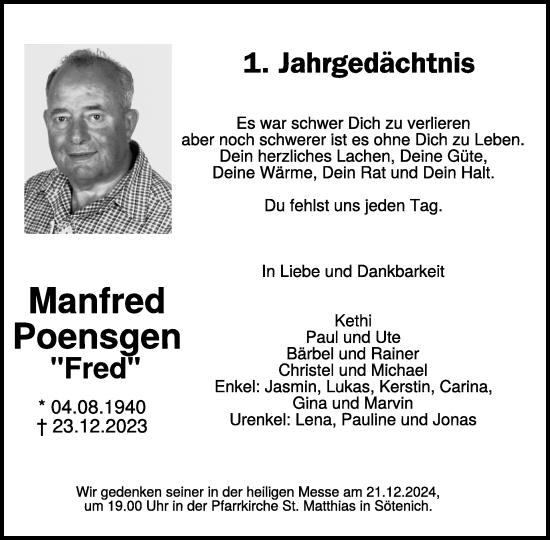 Traueranzeige von Manfred Poensgen von WochenSpiegel