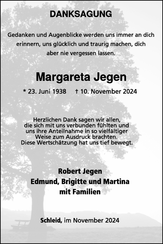 Traueranzeige von Margareta Jegen von WochenSpiegel