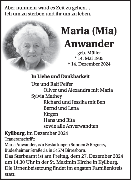 Traueranzeige von Maria Anwander von WochenSpiegel