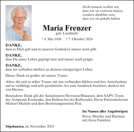 Traueranzeige von Maria Frenzer von WochenSpiegel