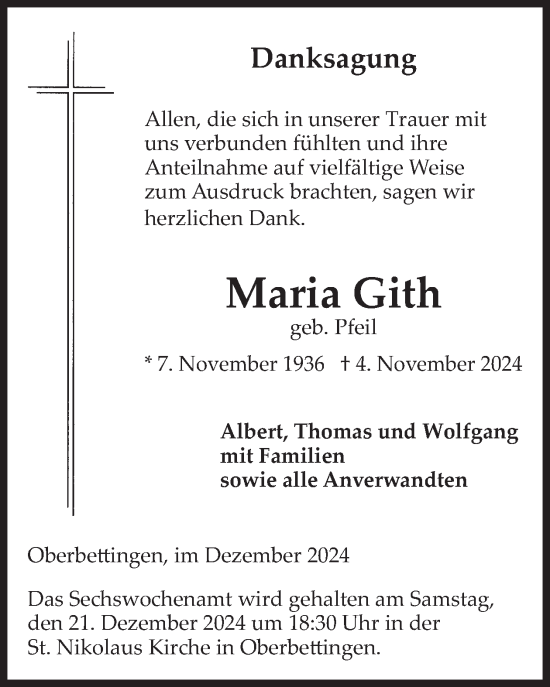 Traueranzeige von Maria Gith von WochenSpiegel