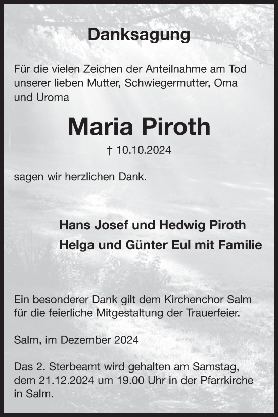 Traueranzeige von Maria Piroth von WochenSpiegel