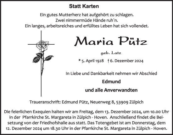 Traueranzeige von Maria Pütz von WochenSpiegel