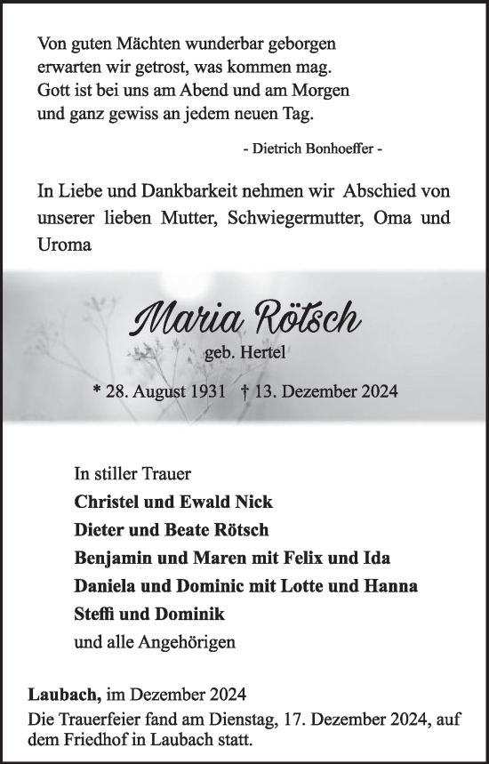 Traueranzeige von Maria Rötsch von WochenSpiegel