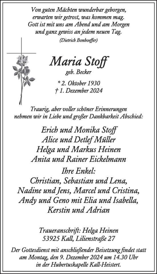 Traueranzeige von Maria Stoff von WochenSpiegel