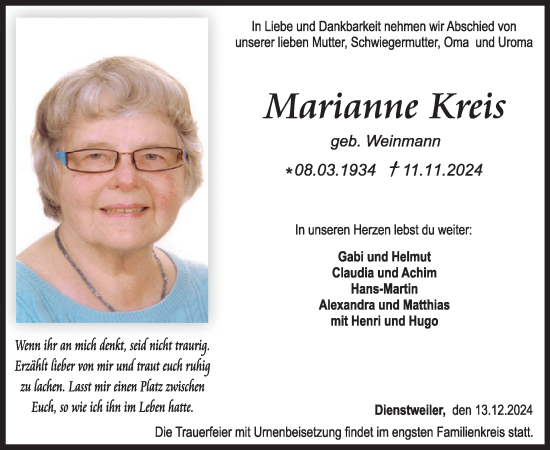 Traueranzeige von Marianne Kreis von WochenSpiegel