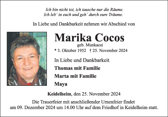 Traueranzeige von Marika Cocos von WochenSpiegel