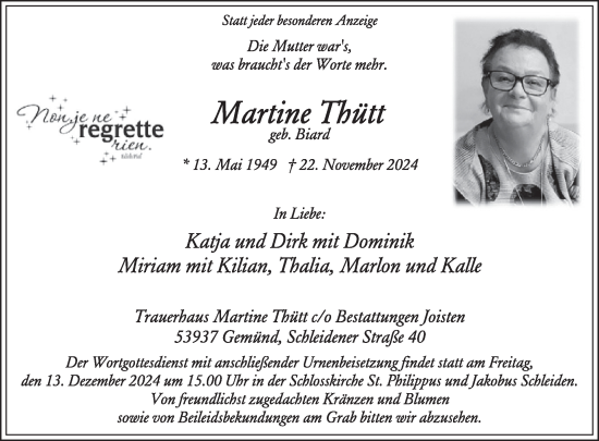 Traueranzeige von Martine Thütt von WochenSpiegel