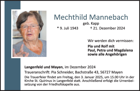 Traueranzeige von Mechthild Mannebach von WochenSpiegel