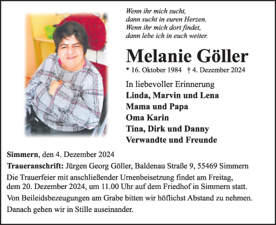 Traueranzeige von Melanie Göller von WochenSpiegel