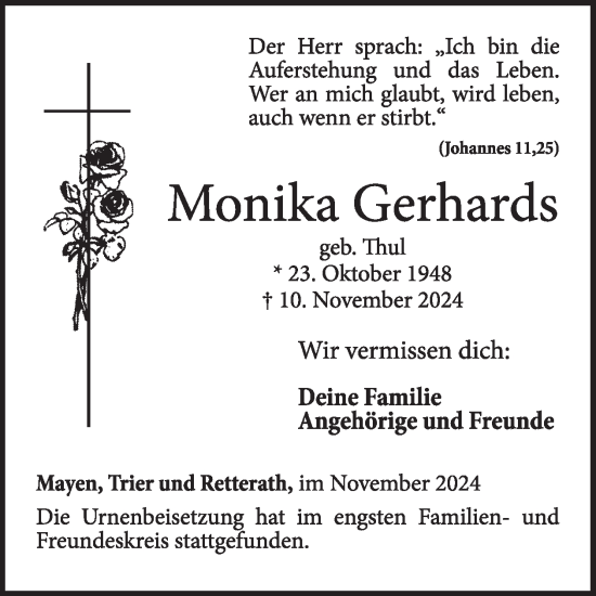 Traueranzeige von Monika Gerhards von WochenSpiegel