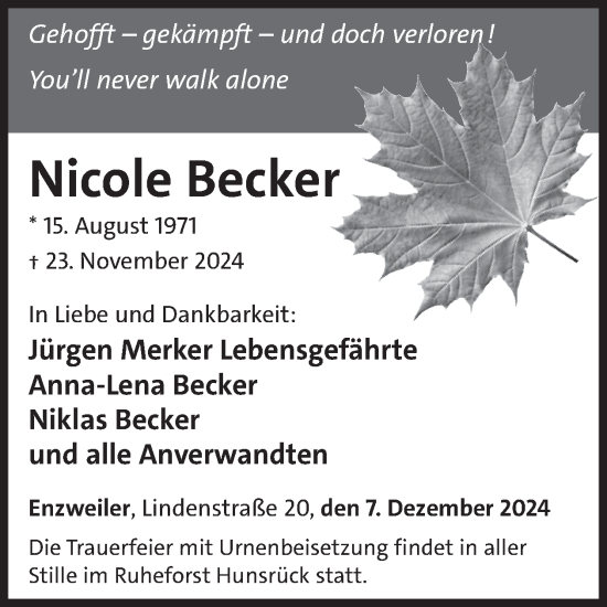 Traueranzeige von Nicole Becker von WochenSpiegel