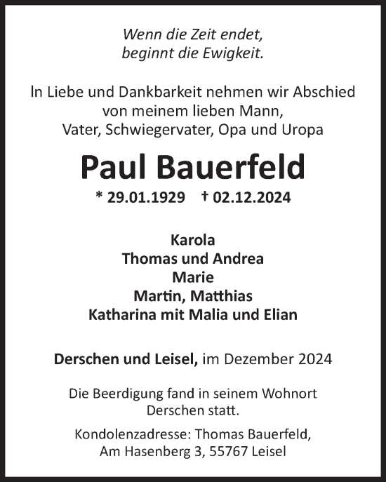 Traueranzeige von Paul Bauerfeld von WochenSpiegel