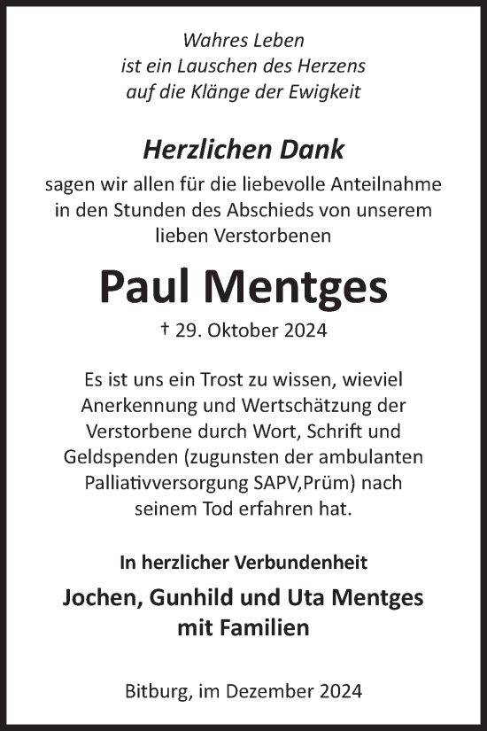 Traueranzeige von Paul Mentges von WochenSpiegel