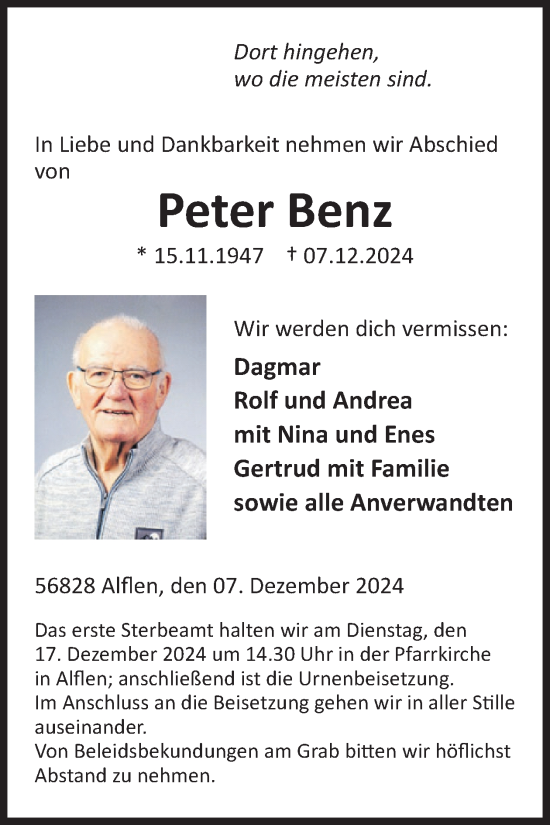 Traueranzeige von Peter Benz von WochenSpiegel