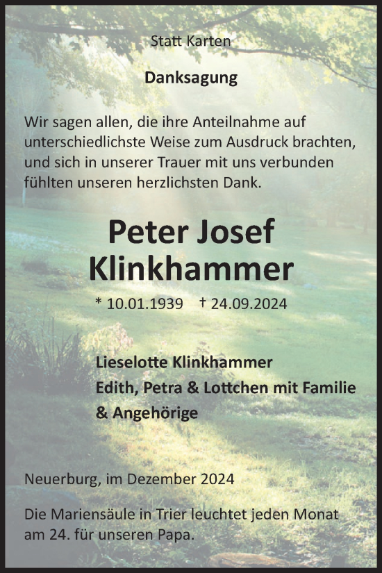 Traueranzeige von Peter Josef Klinkhammer von WochenSpiegel