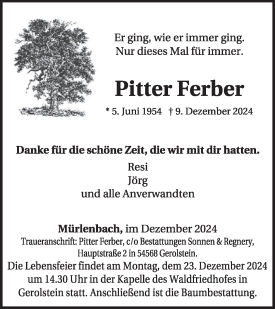 Traueranzeige von Pitter Ferber von WochenSpiegel