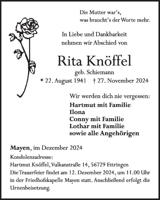 Traueranzeige von Rita Knöffel von WochenSpiegel