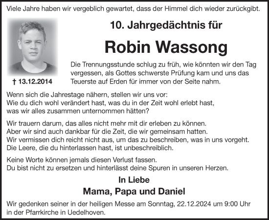 Traueranzeige von Robin Wassong von WochenSpiegel