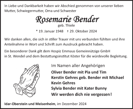 Traueranzeige von Rosemarie Bender von WochenSpiegel