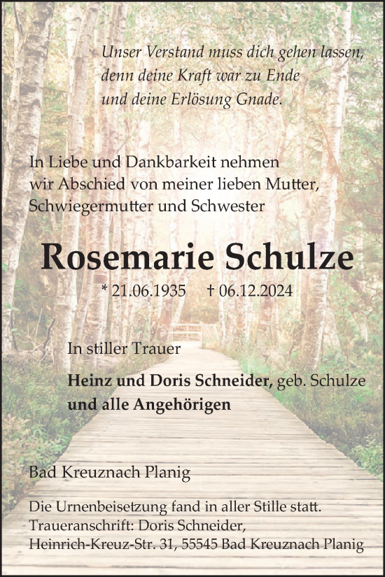 Traueranzeige von Rosemarie Schulze von WochenSpiegel