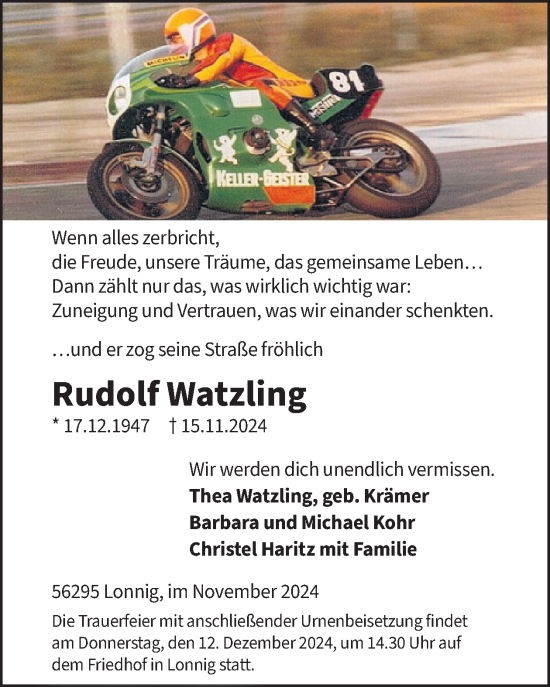 Traueranzeige von Rudolf Watzling von WochenSpiegel