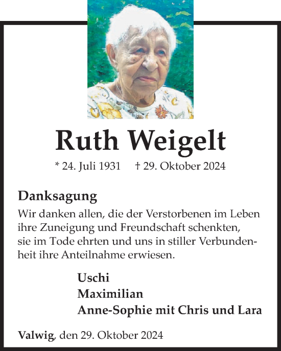 Traueranzeige von Ruth Weigelt von WochenSpiegel