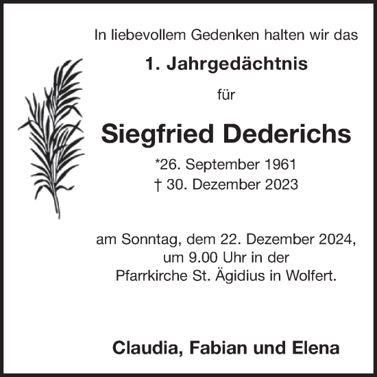 Traueranzeige von Siegfried Dederichs von WochenSpiegel