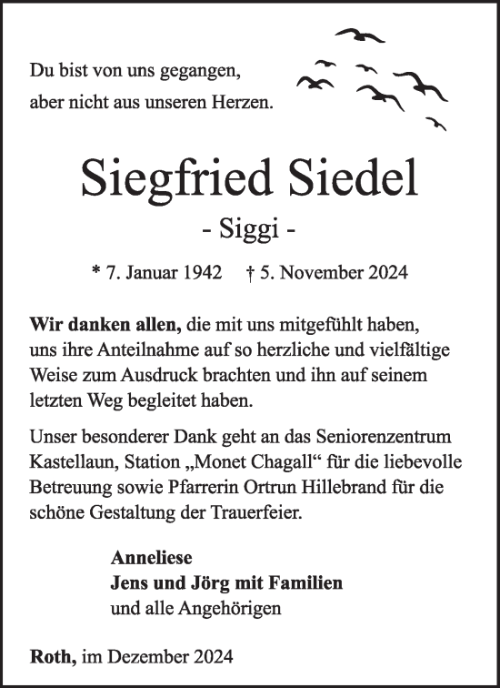 Traueranzeige von Siegfried Siedel von WochenSpiegel