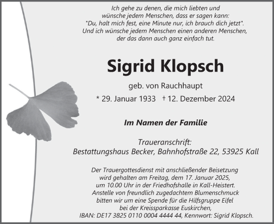 Traueranzeige von Sigrid Klopsch von WochenSpiegel