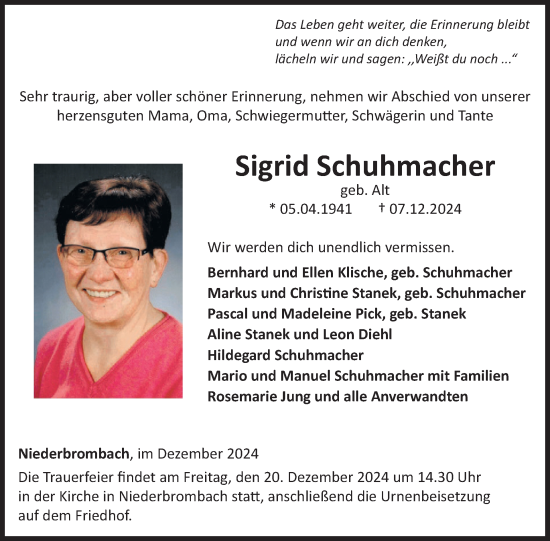 Traueranzeige von Sigrid Schuhmacher von WochenSpiegel