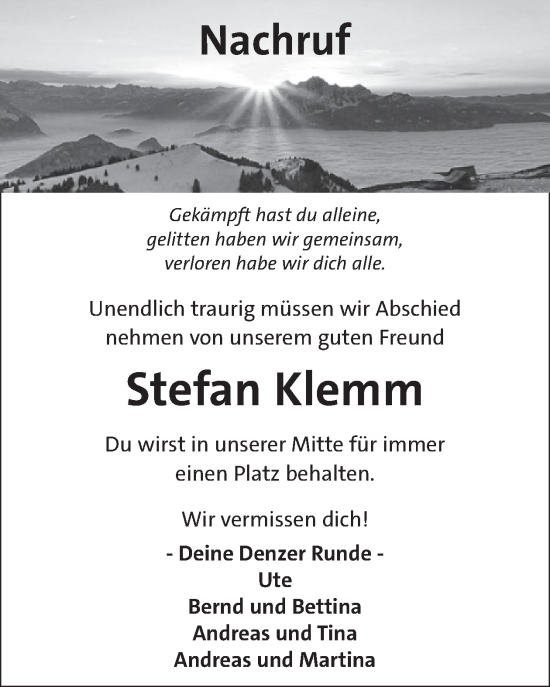 Traueranzeige von Stefan Klemm von WochenSpiegel