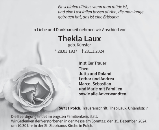 Traueranzeige von Thekla Laux von WochenSpiegel