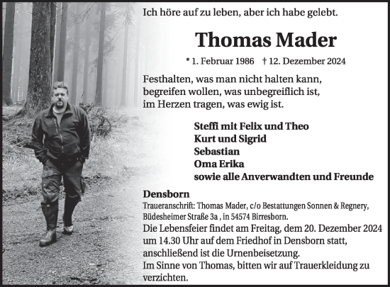 Traueranzeige von Thomas Mader von WochenSpiegel