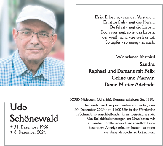 Traueranzeige von Udo Schönewald von WochenSpiegel