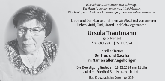 Traueranzeige von Ursula Trautmann von WochenSpiegel