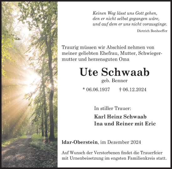 Traueranzeige von Ute Schwaab von WochenSpiegel