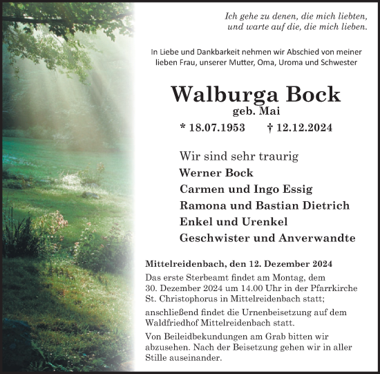 Traueranzeige von Walburga Bock von WochenSpiegel