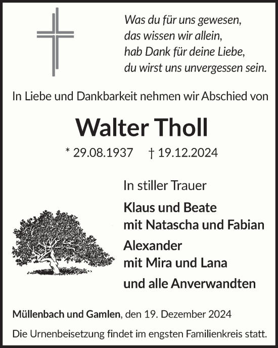 Traueranzeige von Walter Tholl von WochenSpiegel