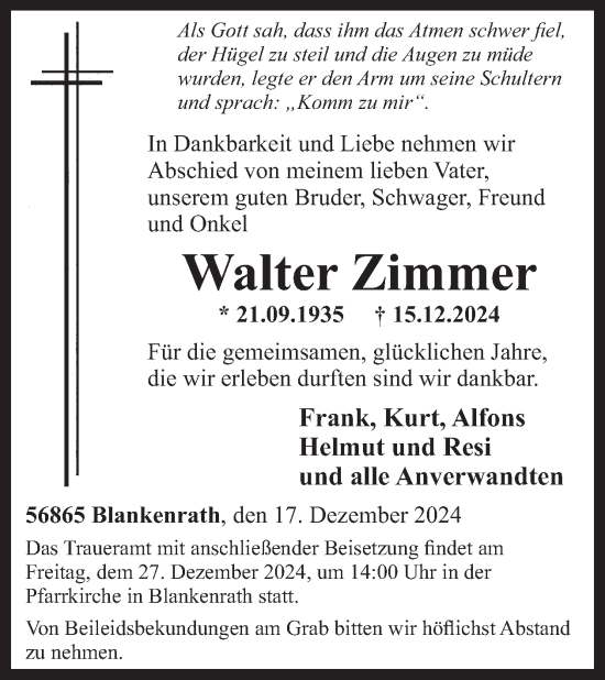 Traueranzeige von Walter Zimmer von WochenSpiegel