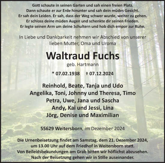 Traueranzeige von Waltraud Fuchs von WochenSpiegel