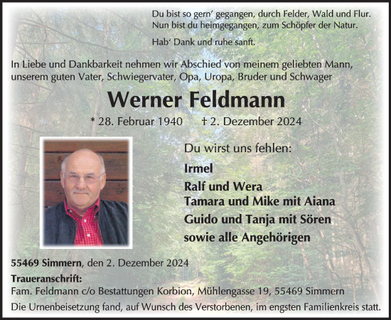 Traueranzeige von Werner Feldmann von WochenSpiegel