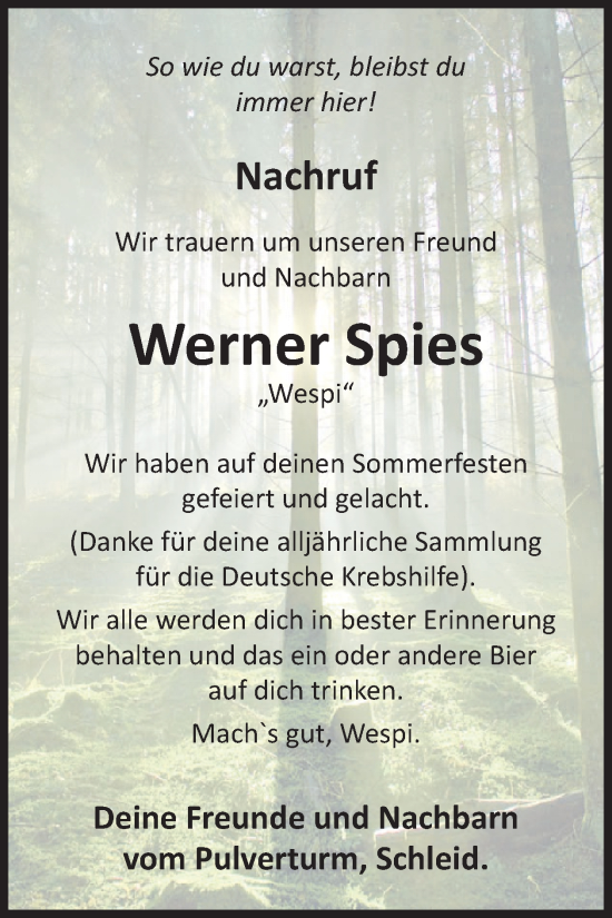 Traueranzeige von Werner Spies von WochenSpiegel