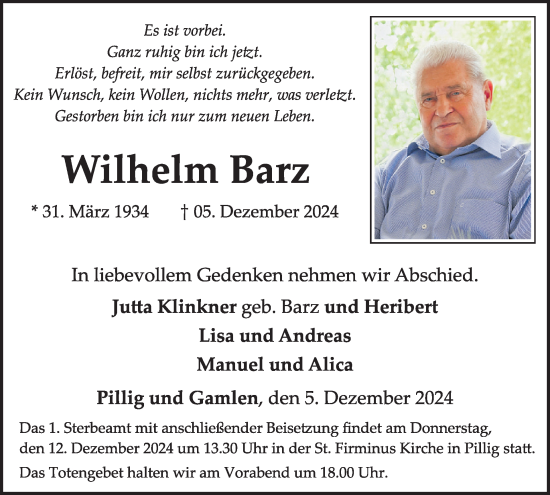 Traueranzeige von Wilhelm Barz von WochenSpiegel