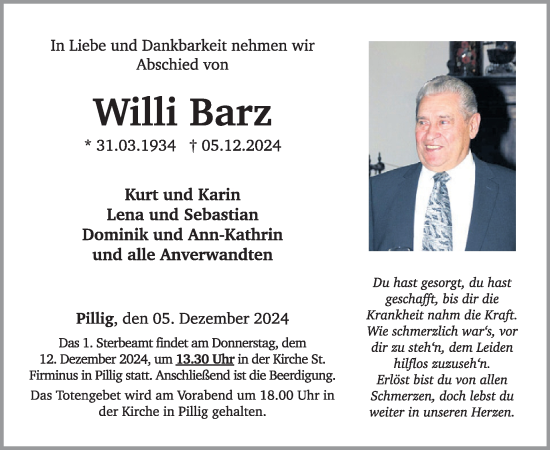 Traueranzeige von Willi Barz von WochenSpiegel