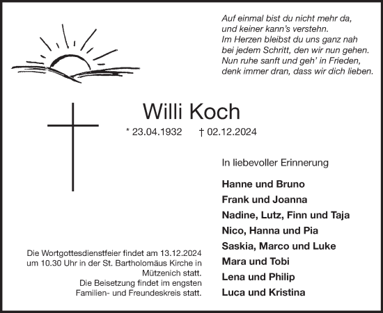 Traueranzeige von Willi Koch von WochenSpiegel