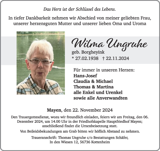 Traueranzeige von Wilma Ungruhe von WochenSpiegel