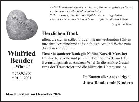 Traueranzeige von Winfried Bender von WochenSpiegel