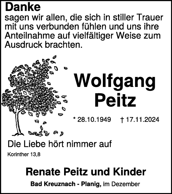 Traueranzeige von Wolfgang Peitz von WochenSpiegel